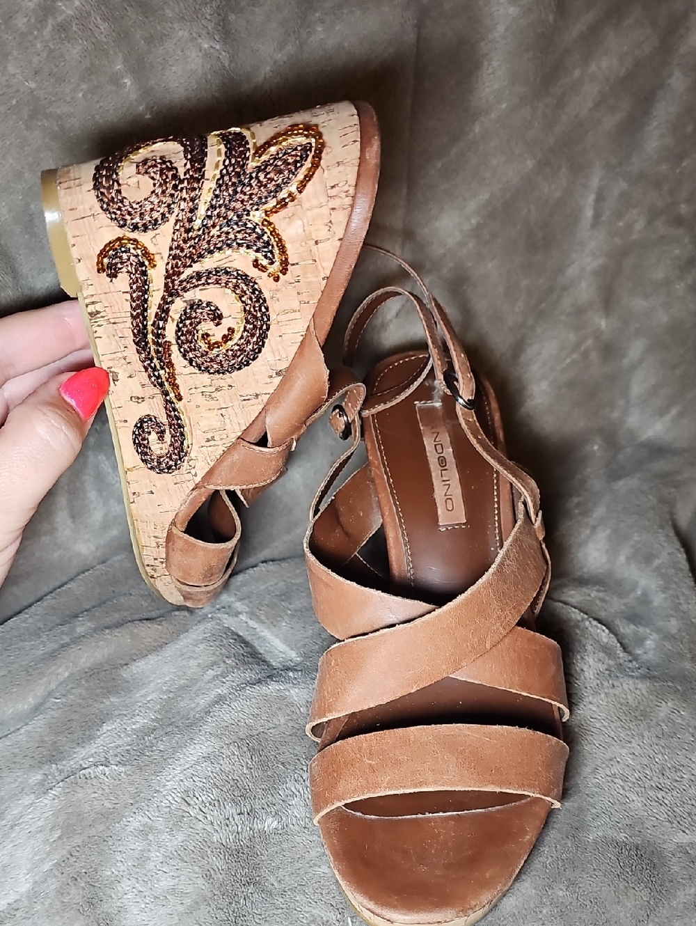 Bandolino Brown Leather Strappy Cork Wedge Sandals G9